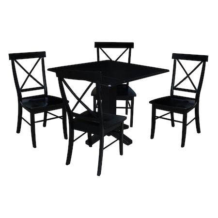 International Concepts 36 in. Solid Wood Square Dual Drop Leaf Dining Table with 4 Chairs in Black K46-36SDP-C613-4